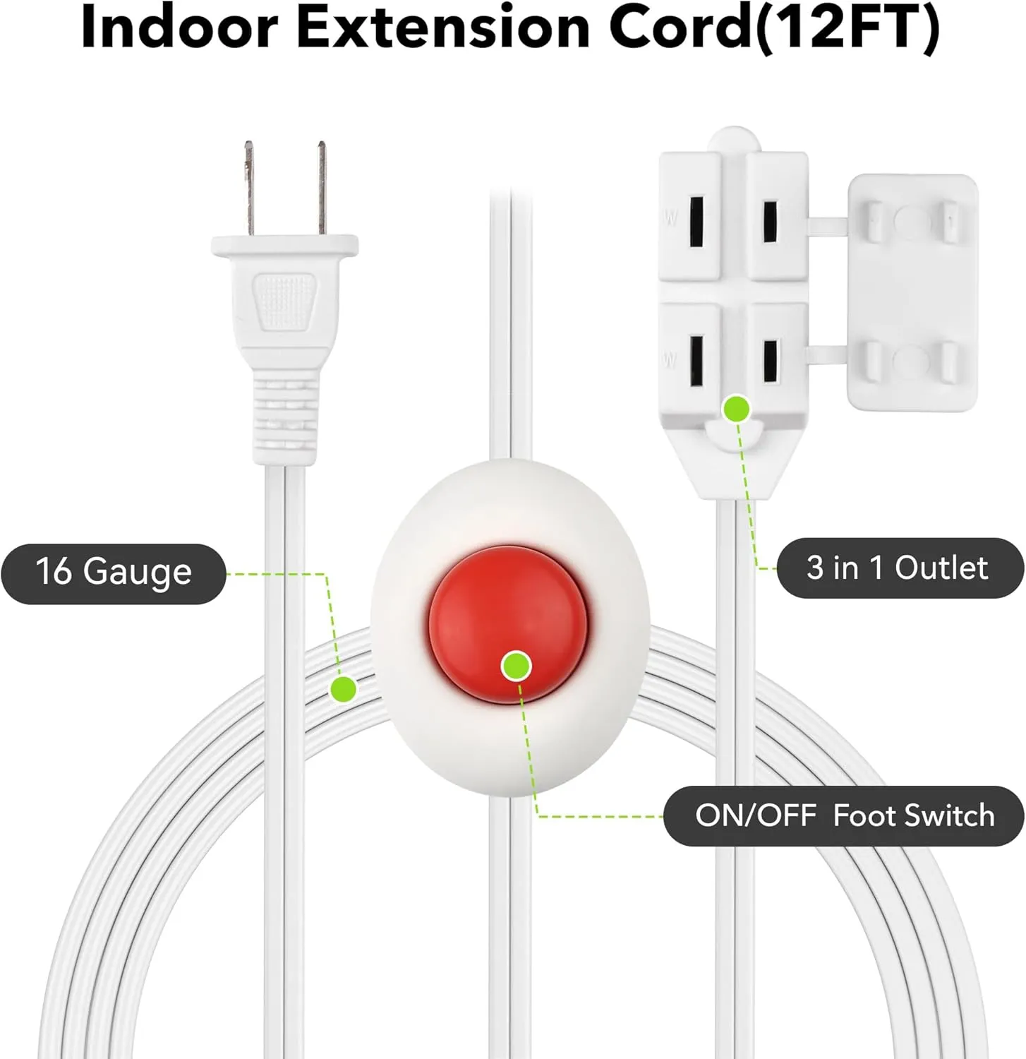 12ft Indoor Extension Cord 16/2 SPT-2, 3-Outlet Power Cord with Footswitch Bn-link