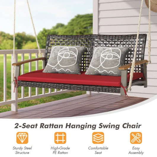 2-Person Rattan Hanging Porch Swing Chair-Red