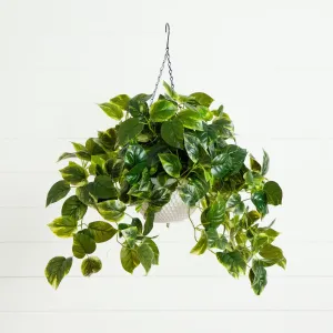 24”UV Resistant Artificial Pothos with 50 Warm White LED Lights in White Hanging Basket