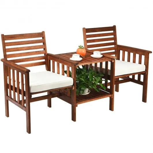 3 pcs Outdoor Patio Table Chairs Set Acacia Wood Loveseat-White