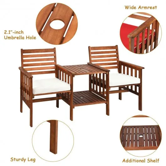 3 pcs Outdoor Patio Table Chairs Set Acacia Wood Loveseat-White