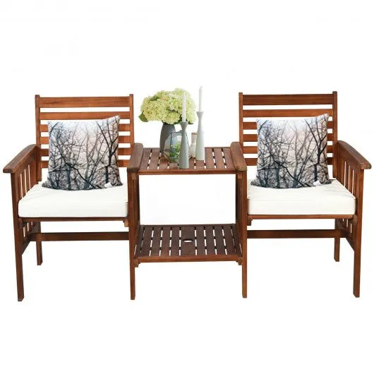 3 pcs Outdoor Patio Table Chairs Set Acacia Wood Loveseat-White