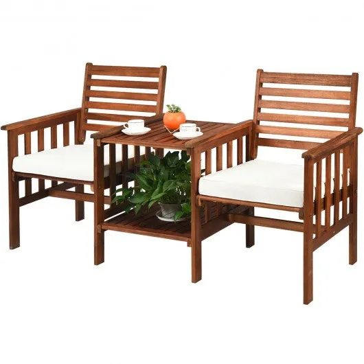 3 pcs Outdoor Patio Table Chairs Set Acacia Wood Loveseat-White