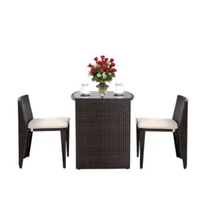 Beautiful & Elegant 3-Piece Comfortable Wicker Patio Bistro Set | Table And Chairs | Weather Resistant | Space Saver | Rattan | Soft Cushions