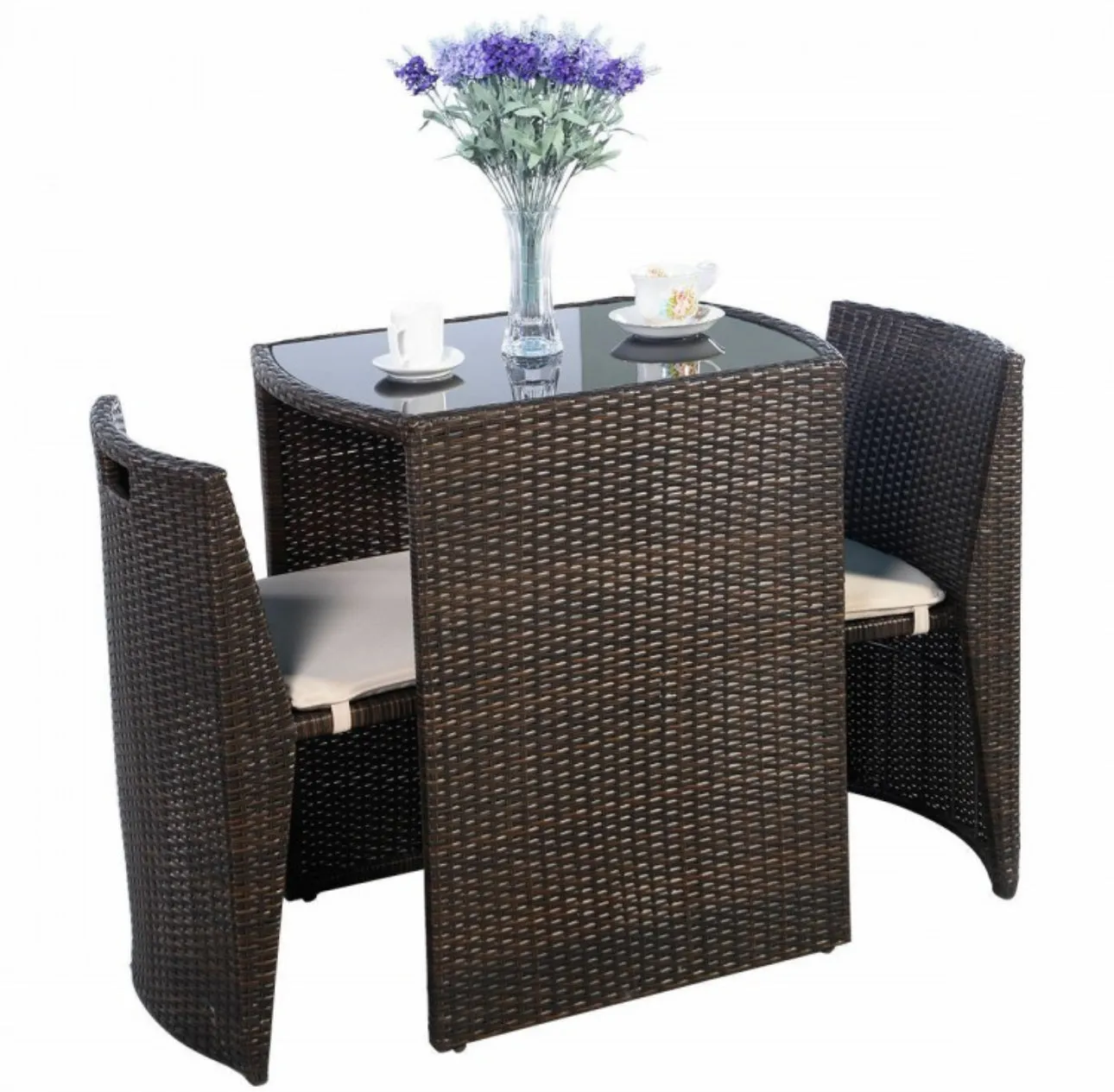 Beautiful & Elegant 3-Piece Comfortable Wicker Patio Bistro Set | Table And Chairs | Weather Resistant | Space Saver | Rattan | Soft Cushions