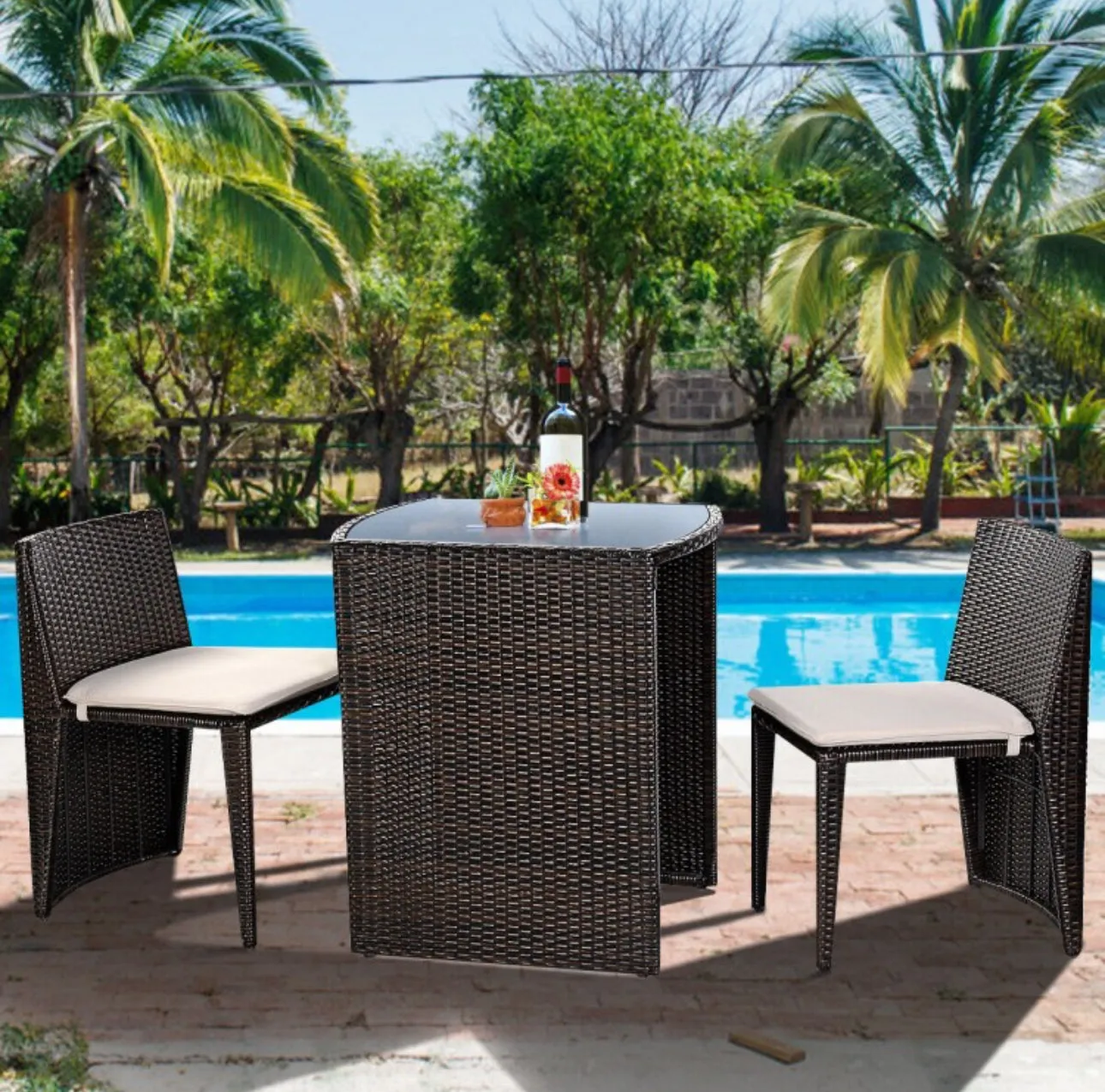 Beautiful & Elegant 3-Piece Comfortable Wicker Patio Bistro Set | Table And Chairs | Weather Resistant | Space Saver | Rattan | Soft Cushions