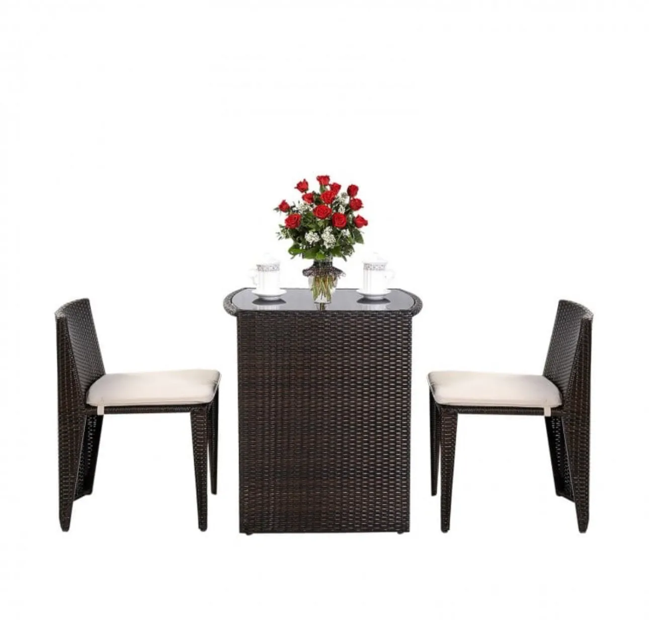 Beautiful & Elegant 3-Piece Comfortable Wicker Patio Bistro Set | Table And Chairs | Weather Resistant | Space Saver | Rattan | Soft Cushions