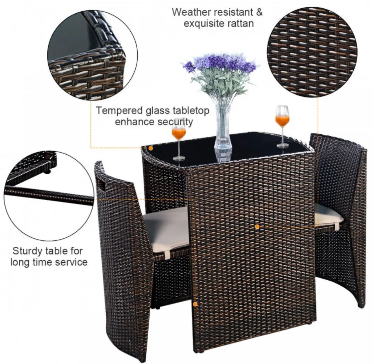 Beautiful & Elegant 3-Piece Comfortable Wicker Patio Bistro Set | Table And Chairs | Weather Resistant | Space Saver | Rattan | Soft Cushions