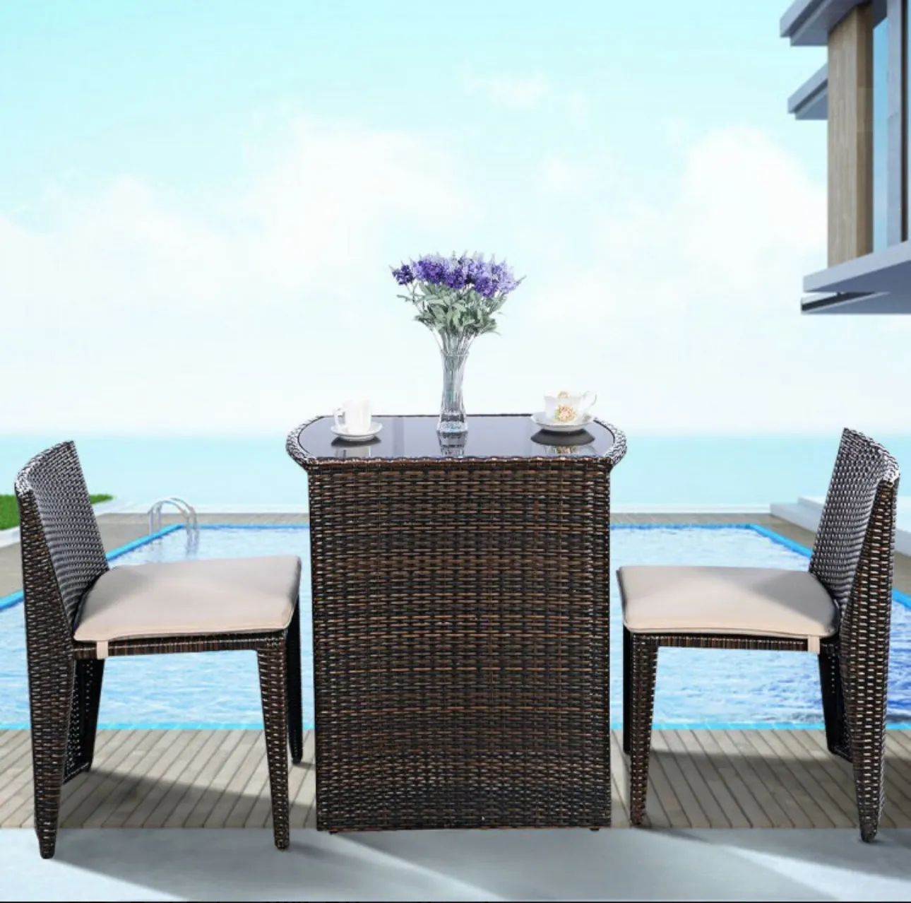 Beautiful & Elegant 3-Piece Comfortable Wicker Patio Bistro Set | Table And Chairs | Weather Resistant | Space Saver | Rattan | Soft Cushions