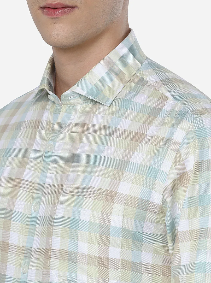 Beige & Green Checked Slim Fit Formal Shirt | JadeBlue