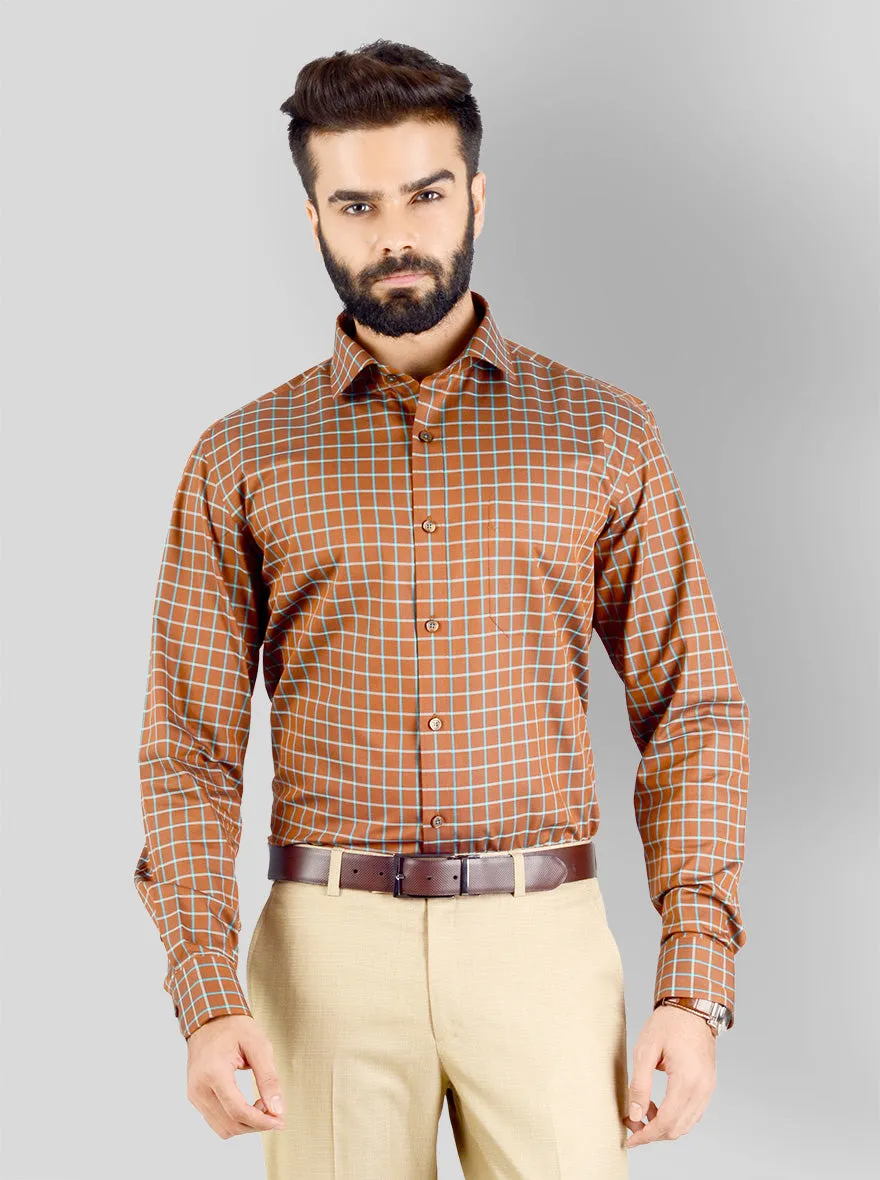 Brown & Light Blue Checked Slim Fit Evening Wear Shirt | Metal