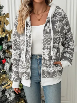 Cozy Christmas Snowflake Zip Up Hooded Jacket