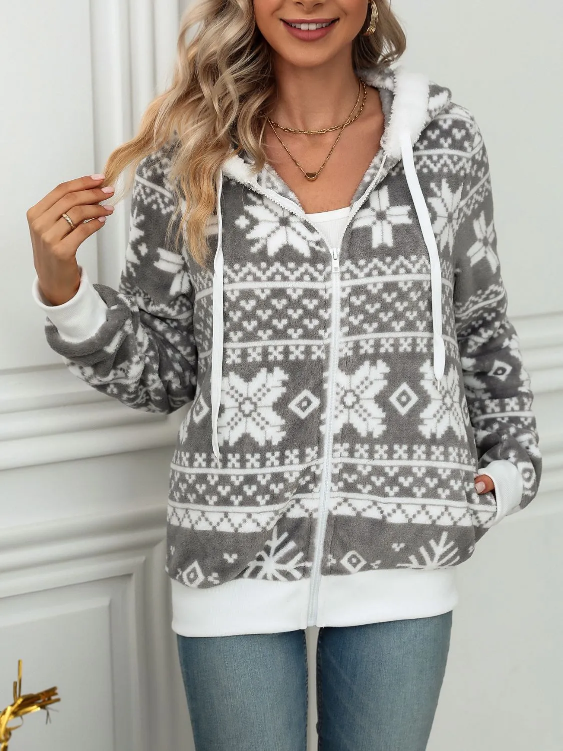 Cozy Christmas Snowflake Zip Up Hooded Jacket