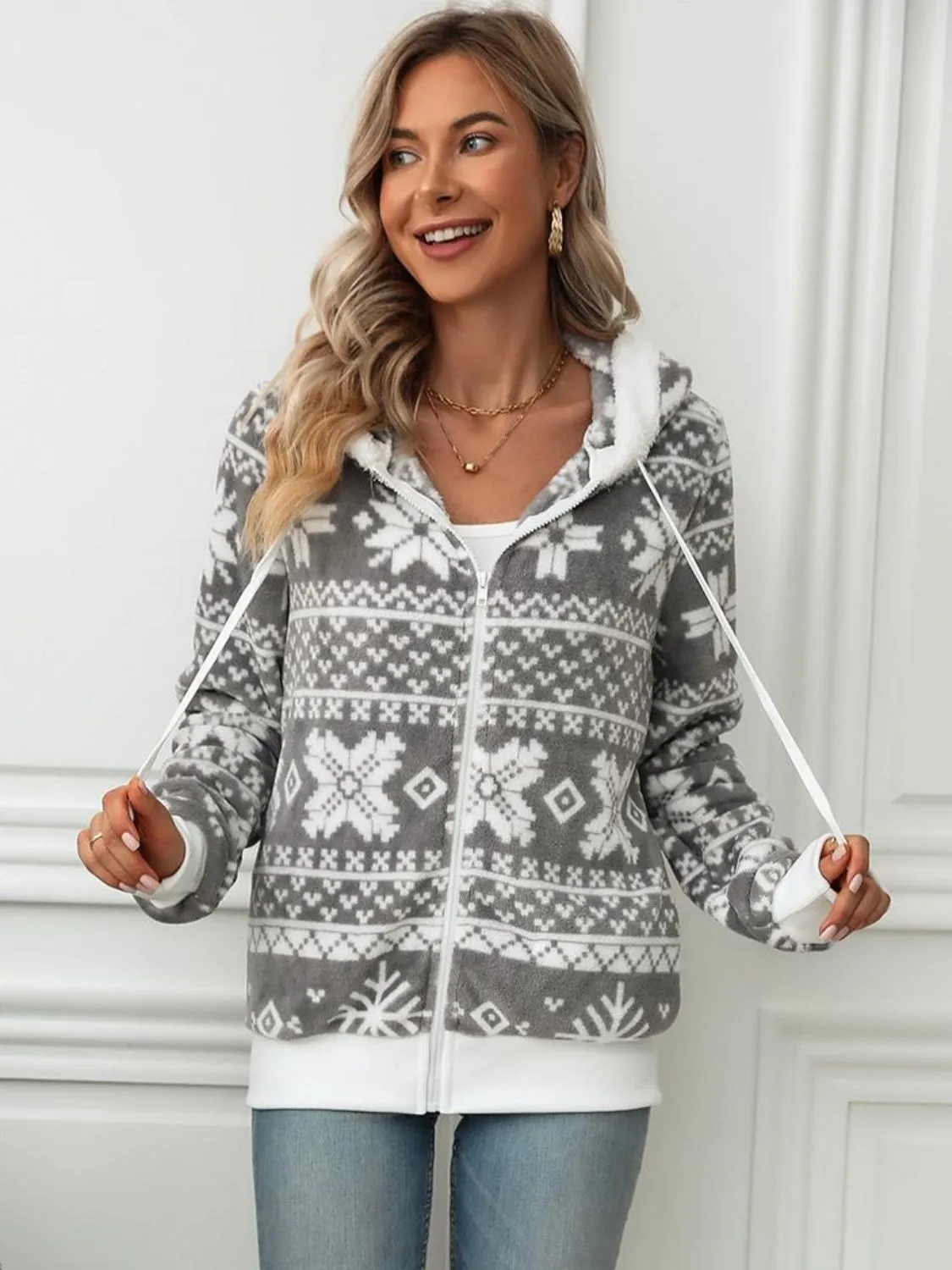 Cozy Christmas Snowflake Zip Up Hooded Jacket