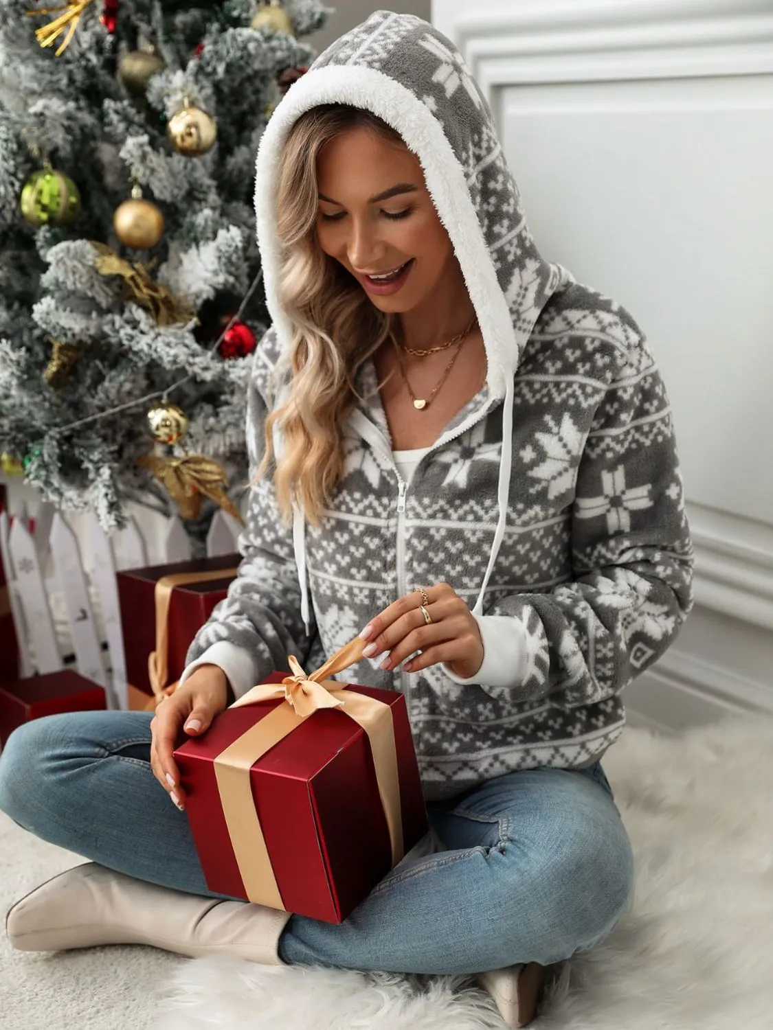 Cozy Christmas Snowflake Zip Up Hooded Jacket