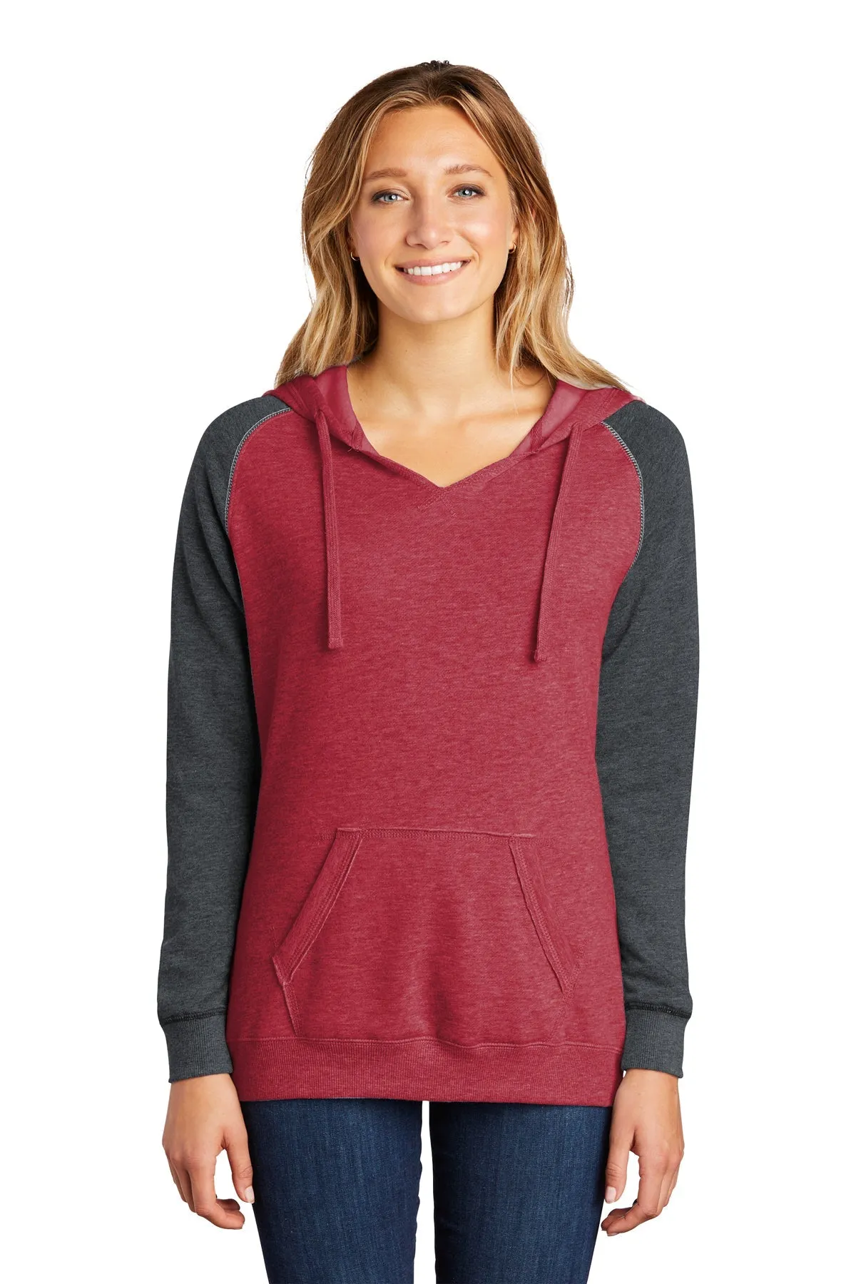 District Ladies Juniors Lightweight Fleece Raglan Hoodies, Heathered Red/ Heathered Charcoal