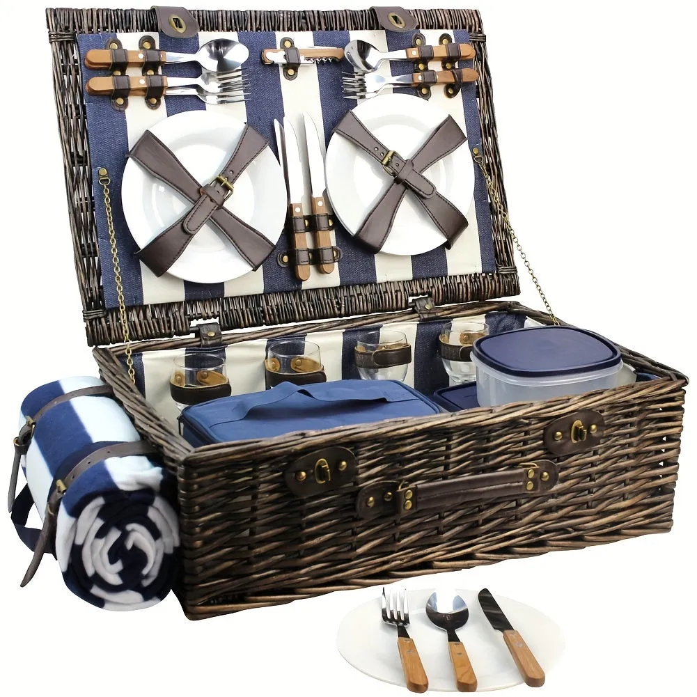 Extra Large Willow Picnic Basket with Service Set for 4 Persons, Natural Wicker Picnic Hamper with Free Food Cooler, Fleece Blanket and Tableware