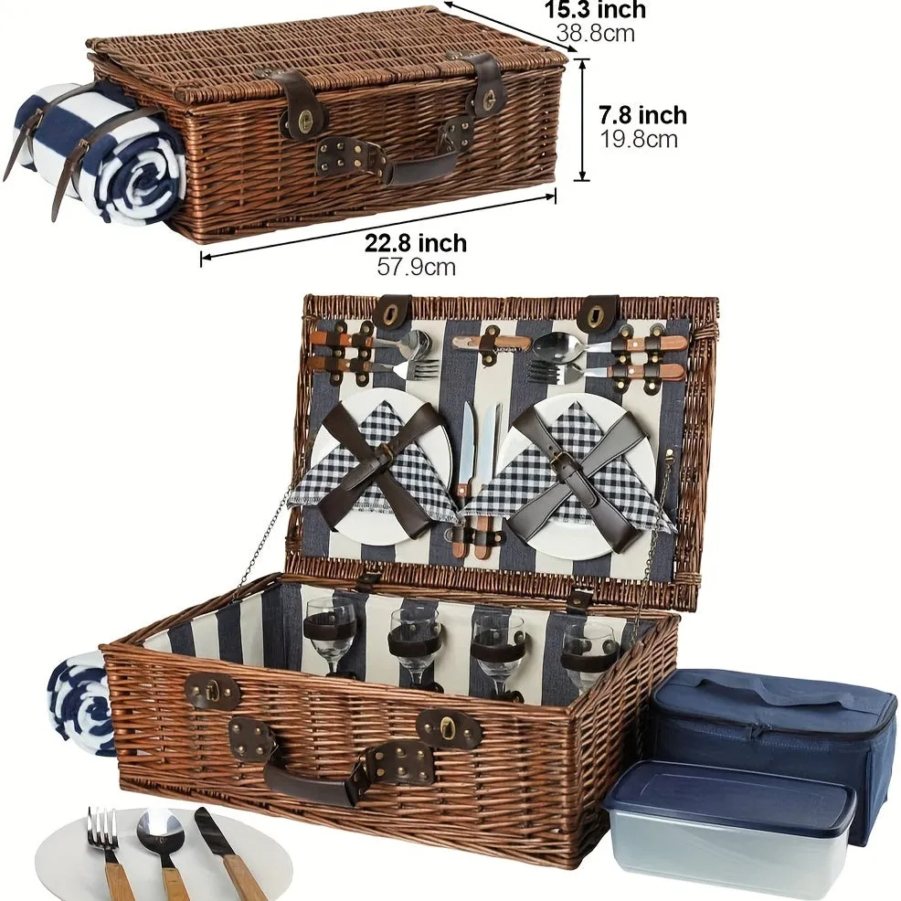 Extra Large Willow Picnic Basket with Service Set for 4 Persons, Natural Wicker Picnic Hamper with Free Food Cooler, Fleece Blanket and Tableware