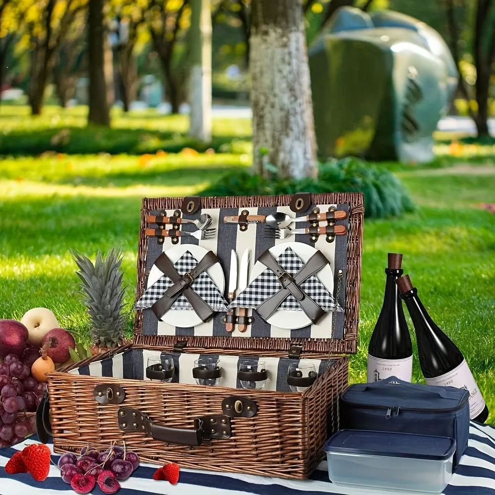 Extra Large Willow Picnic Basket with Service Set for 4 Persons, Natural Wicker Picnic Hamper with Free Food Cooler, Fleece Blanket and Tableware