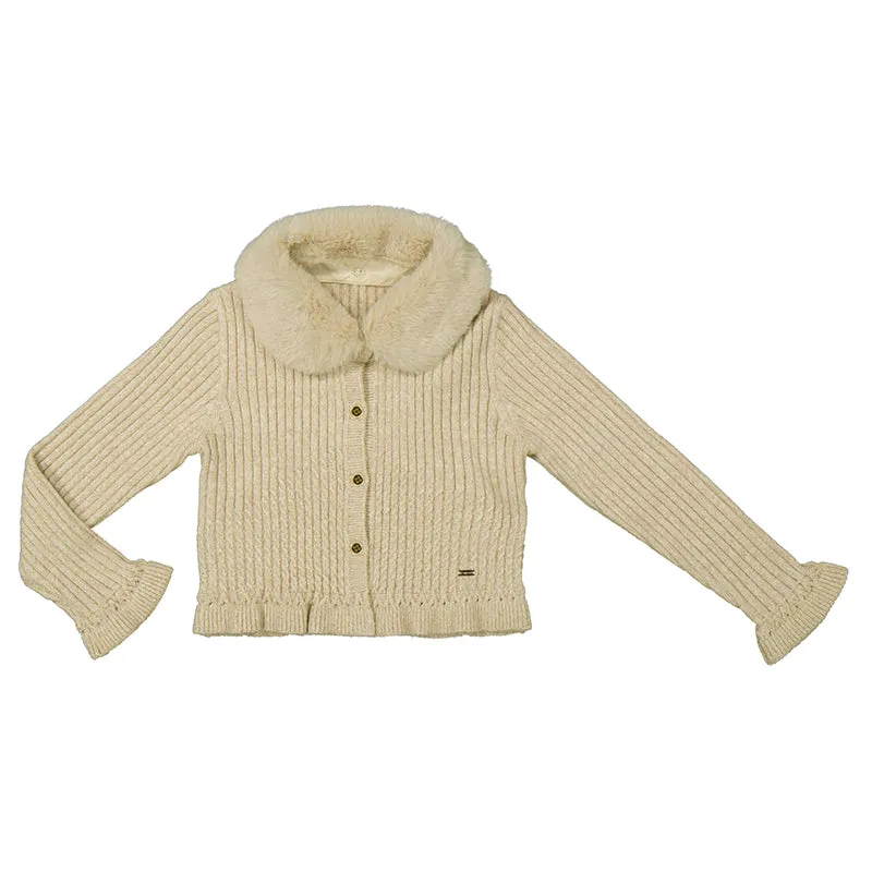 Girls Faux Fur Collar Cardigan- Beige maza