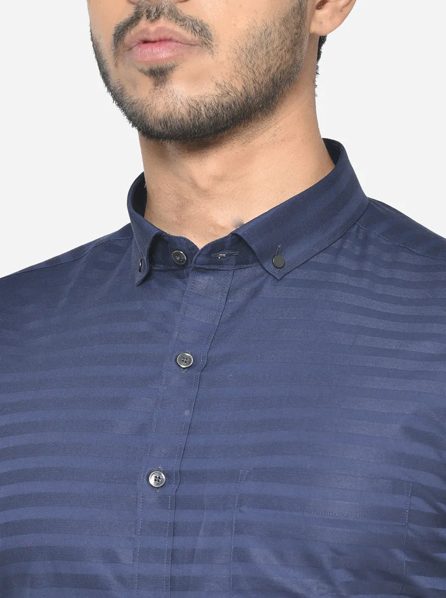 Navy Blue Striped Slim Fit Party Wear Shirt | Greenfibre