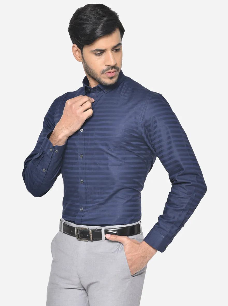 Navy Blue Striped Slim Fit Party Wear Shirt | Greenfibre