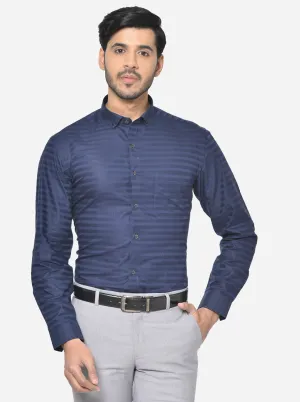 Navy Blue Striped Slim Fit Party Wear Shirt | Greenfibre