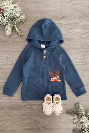 Navy Waffle Knit Reindeer Hoodie