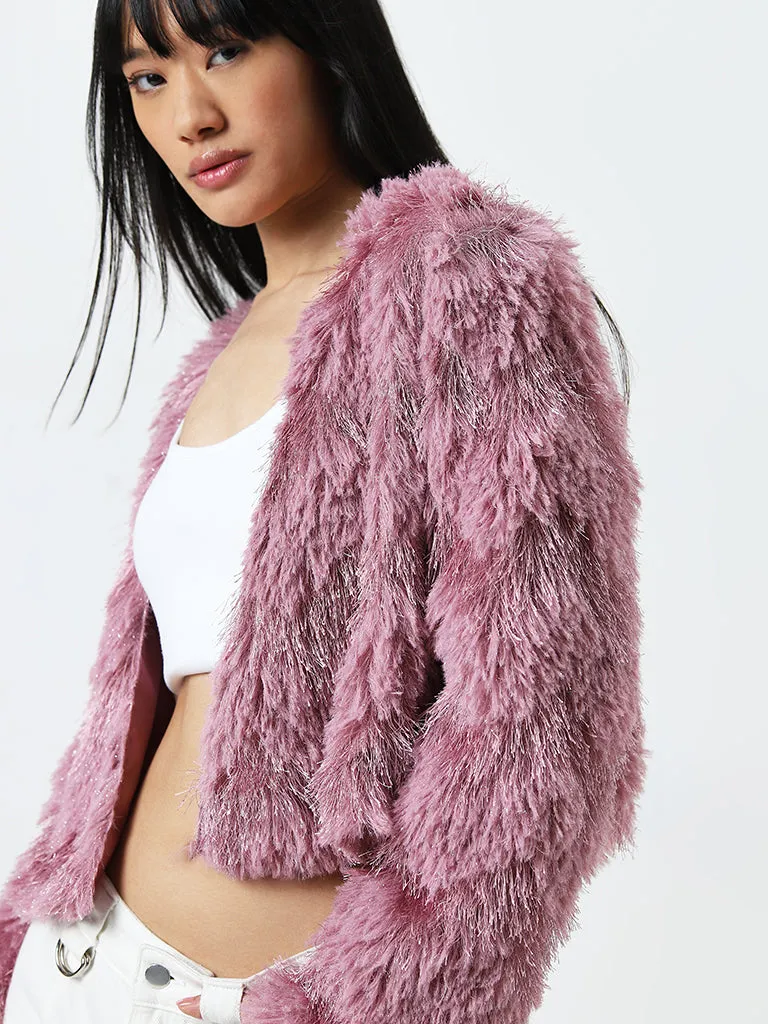 Nuon Pink Shimmer-Detailed Faux-Fur Jacket