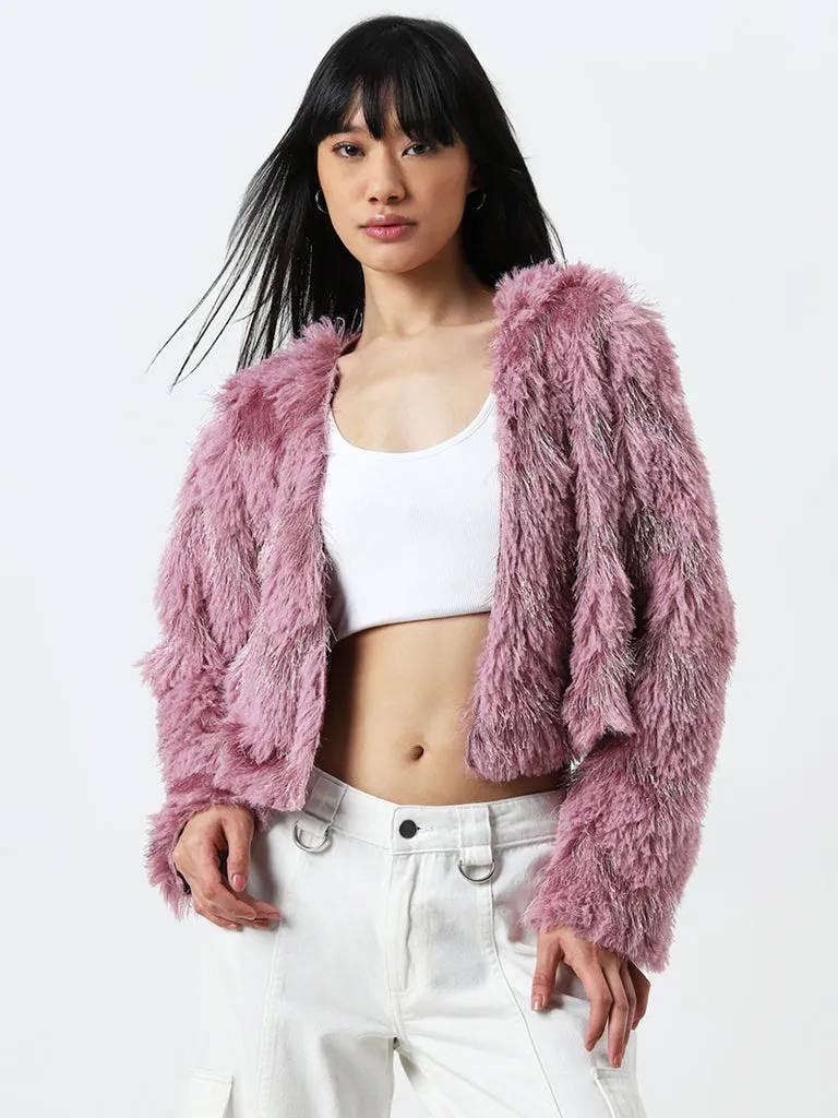 Nuon Pink Shimmer-Detailed Faux-Fur Jacket