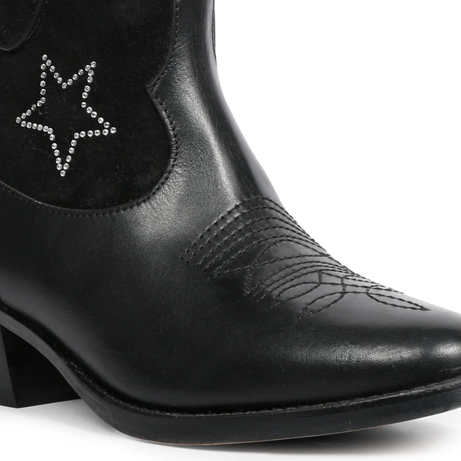 Saint Serenity Silver Star Embellished Black Leather Ankle Boots