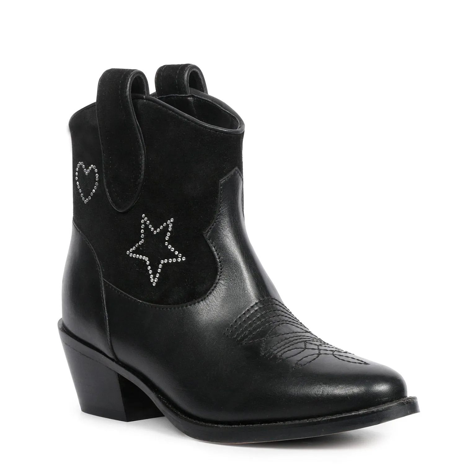 Saint Serenity Silver Star Embellished Black Leather Ankle Boots