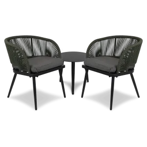 Santa Monica Dining 3pc Occasional with Soft Ash Olefin Cushions, Bonsai Olefin Rope and Gunmetal Aluminium Frame