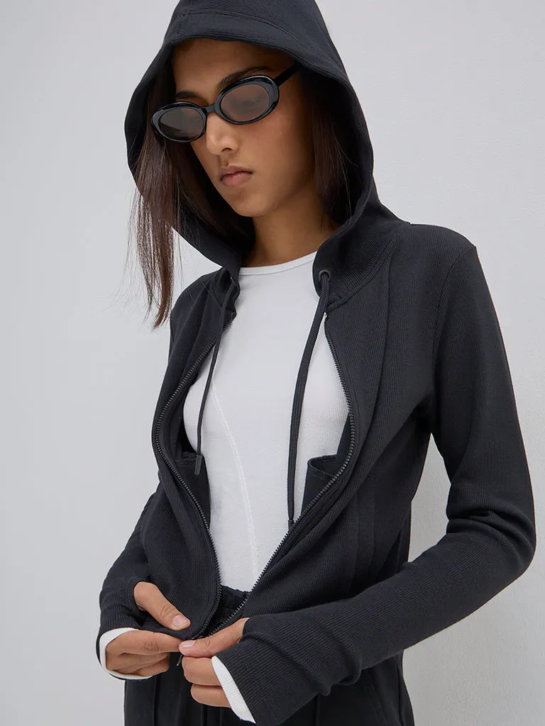 Studiofit Black Ribbed Textured Cotton-Blend Jacket