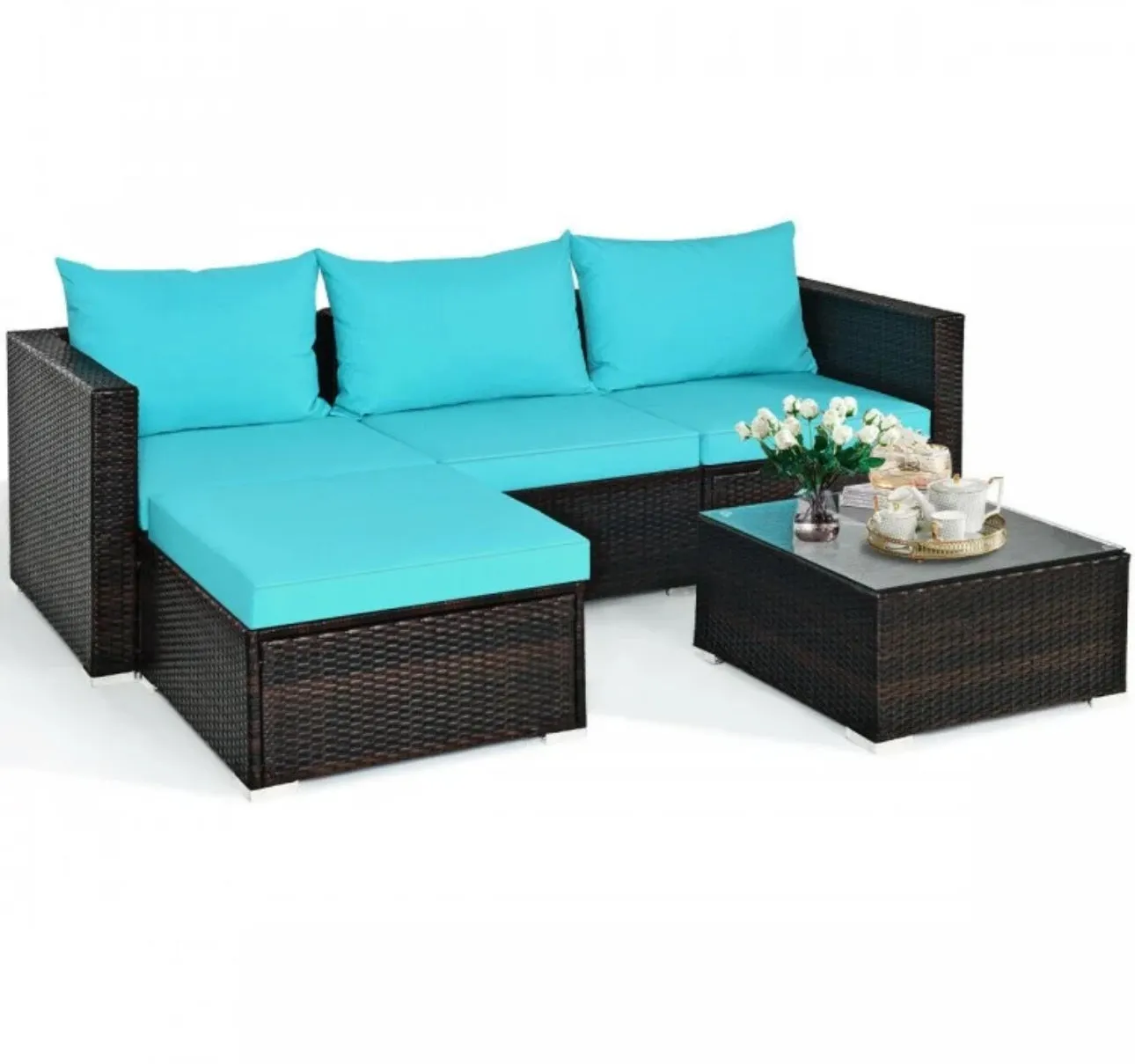 Super Relaxing 5 Pieces Patio Rattan Sectional Furniture Set With Cushions | Coffee Table