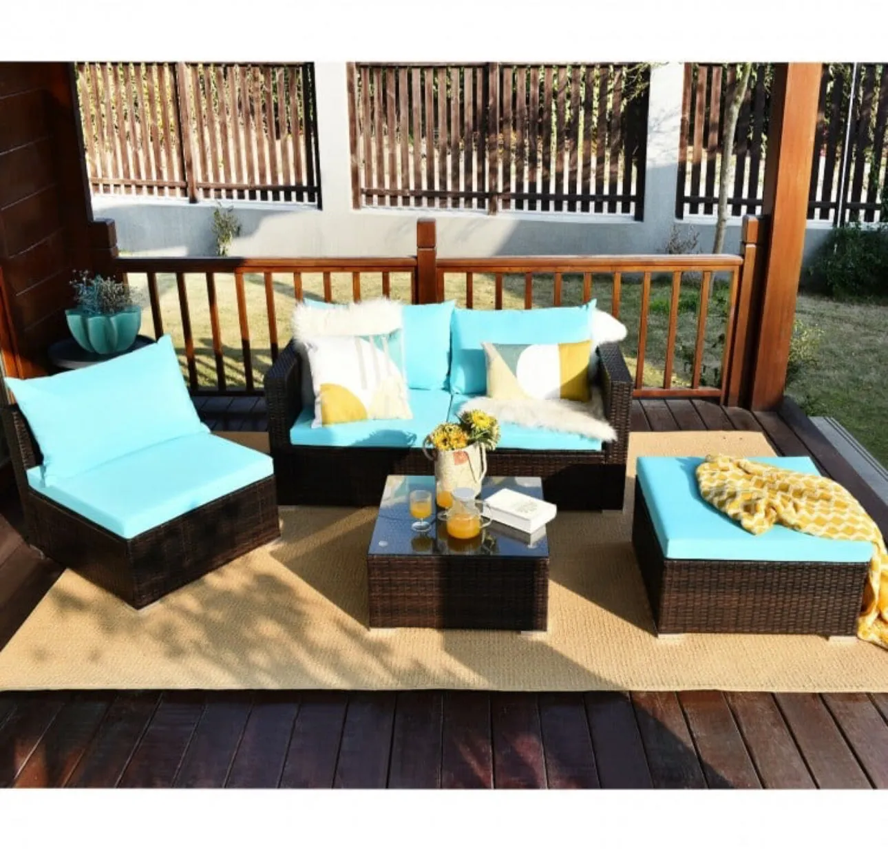 Super Relaxing 5 Pieces Patio Rattan Sectional Furniture Set With Cushions | Coffee Table