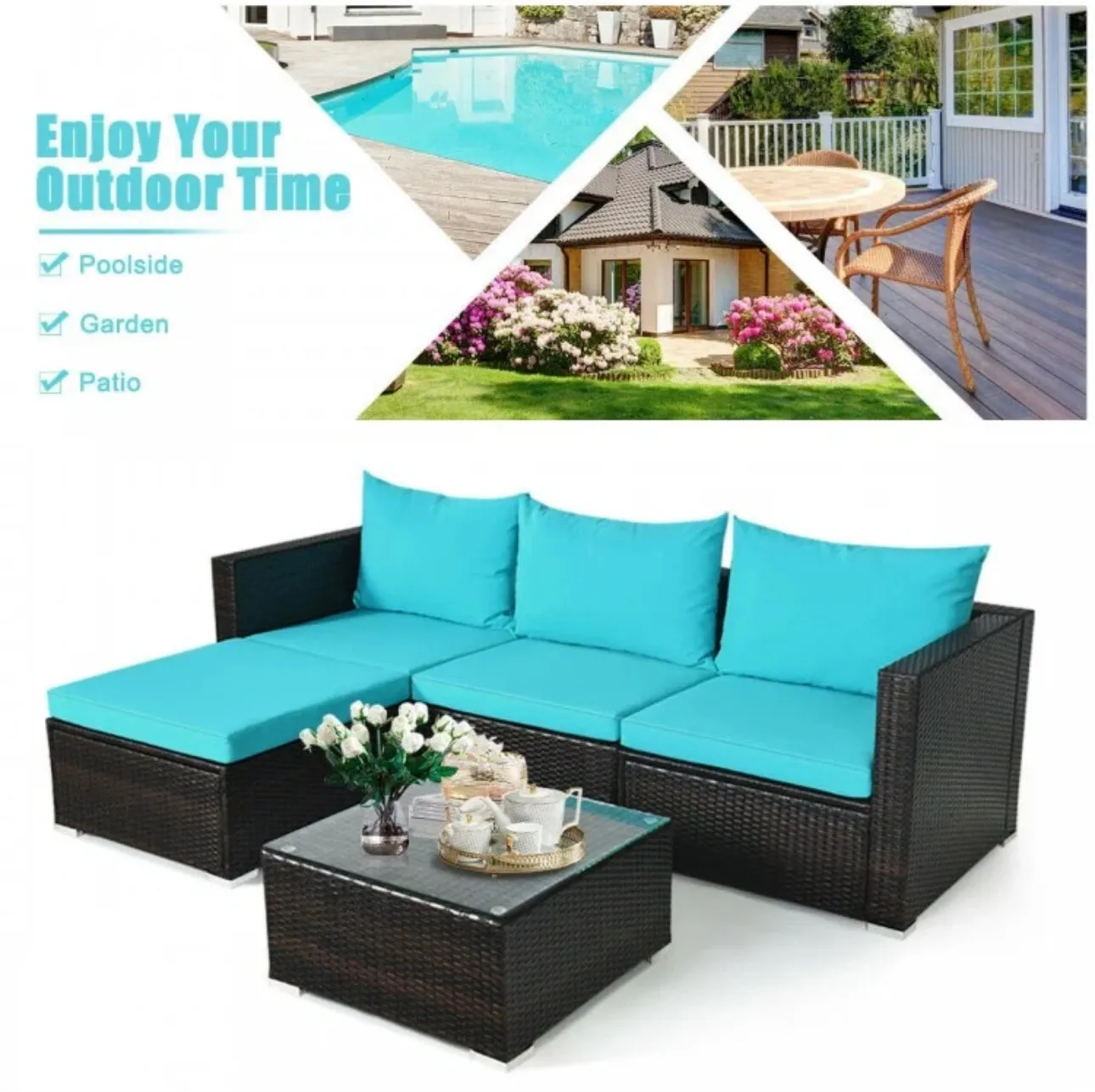 Super Relaxing 5 Pieces Patio Rattan Sectional Furniture Set With Cushions | Coffee Table