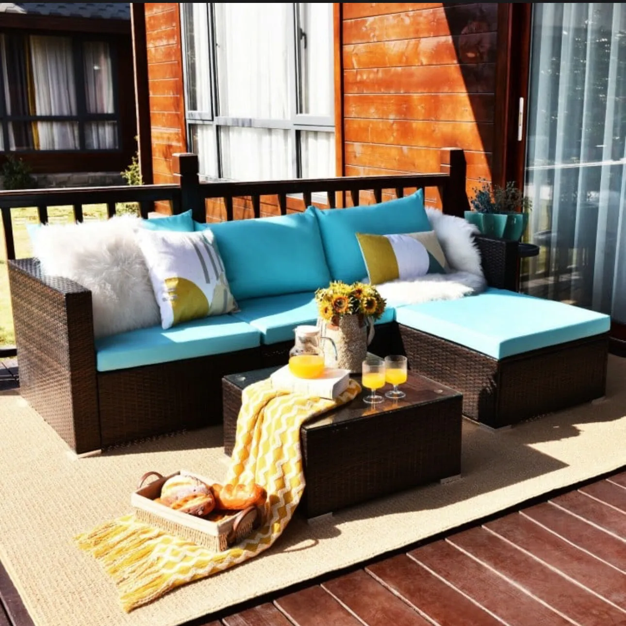 Super Relaxing 5 Pieces Patio Rattan Sectional Furniture Set With Cushions | Coffee Table