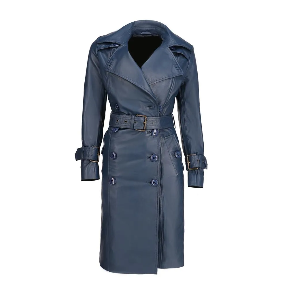 Womens Leather Long Coat-Blue