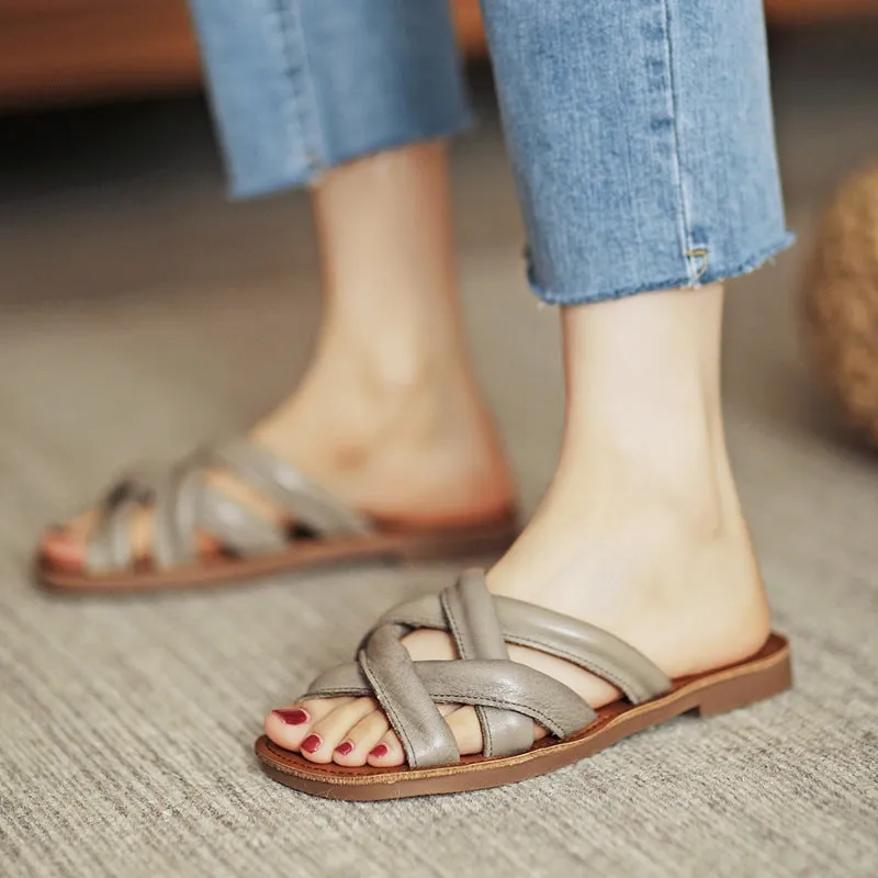 Woven Leather Gladiator Slide Sandals  for Women Flat Slippers in Brown/Beige/Grey